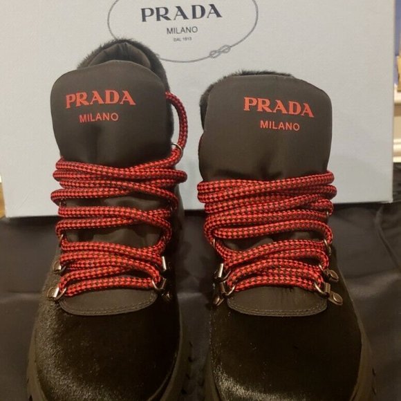 Prada calzature donna lace up pony fur boots size 36.5 - Picture 2 of 10
